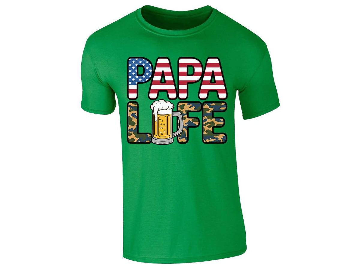 Irish Green men's T-shirt with “Papa Life” flag, camo and beer design