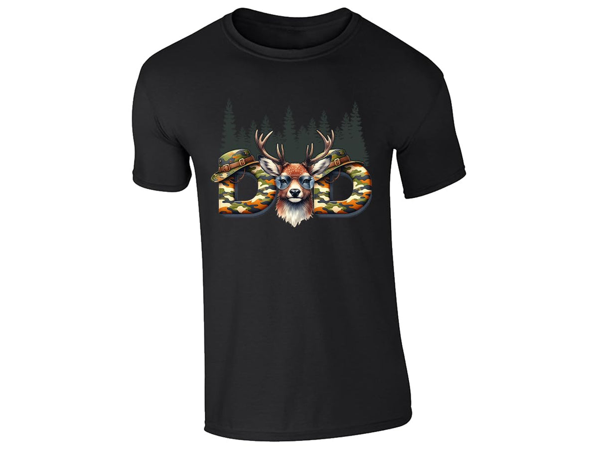 Black men's T-shirt with “DAD” deer head camo design