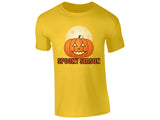 Yellow kids' T-shirt with “Spooky Season – Est. October 31” pumpkin and moon design