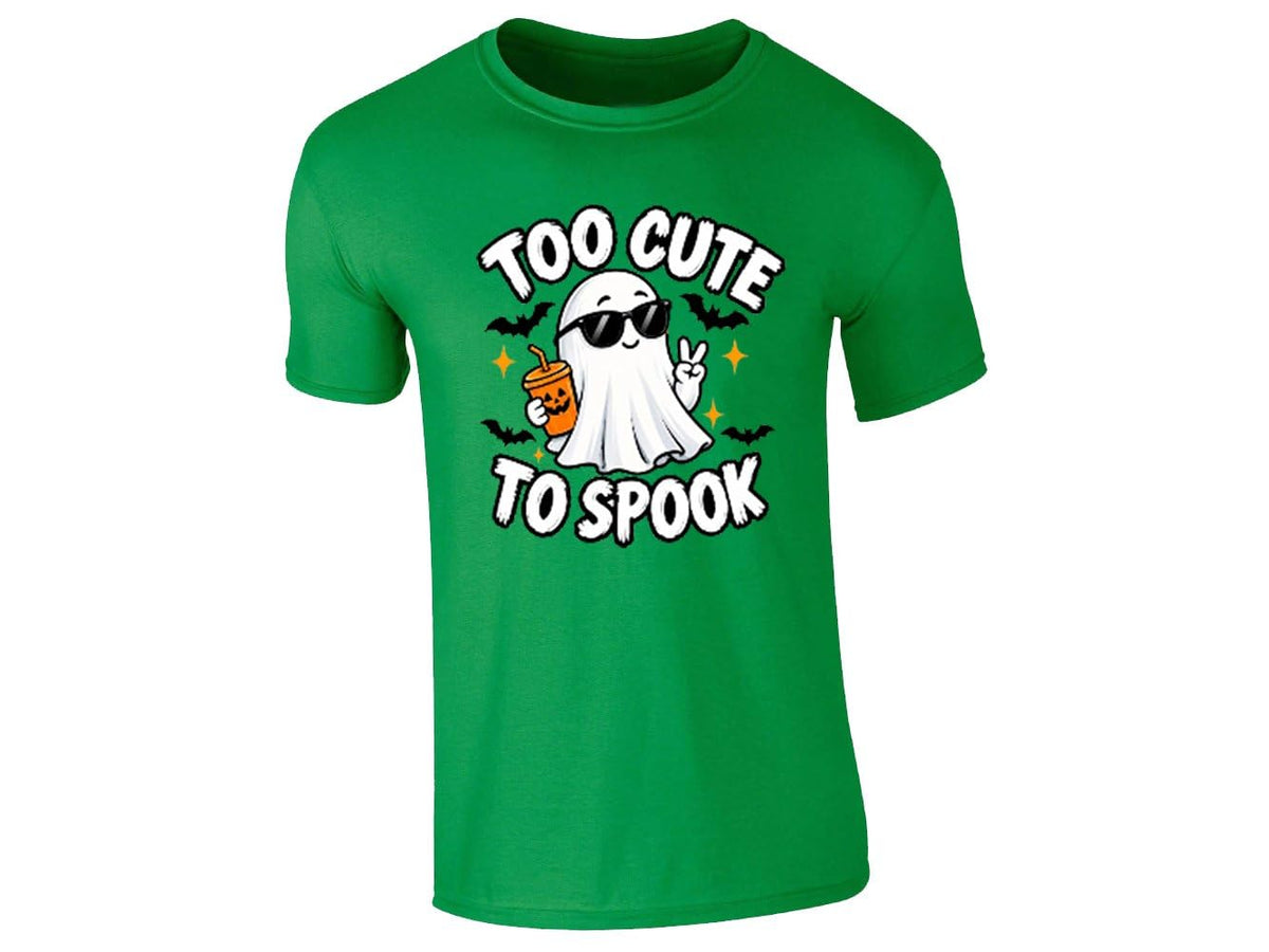 Irish green kids T-shirt with a Too Cute to Spook ghost in sunglasses