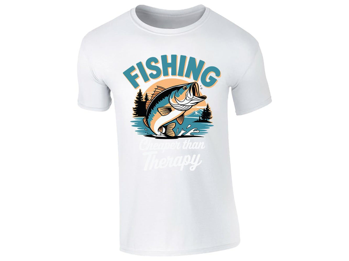 White men's T-shirt with “Fishing – cheaper than therapy” bass design