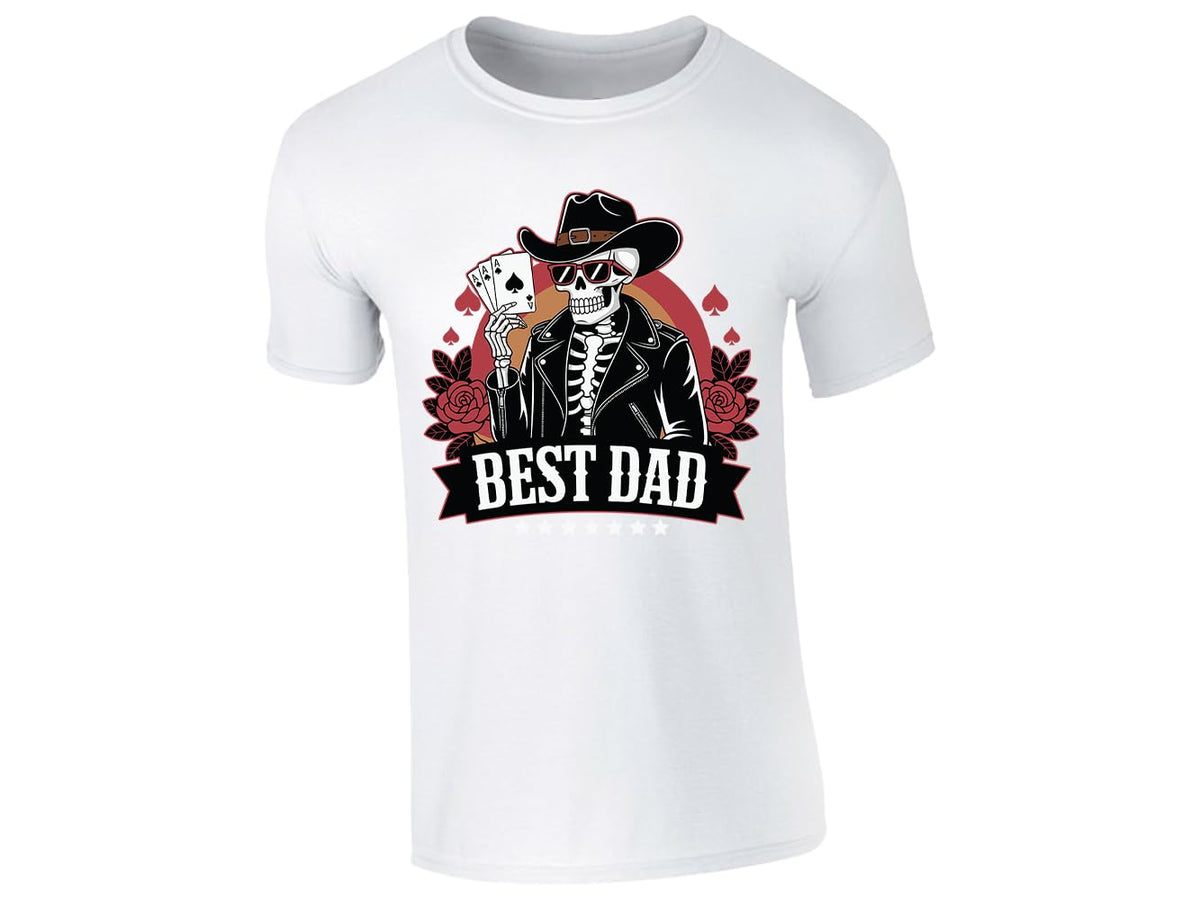 White men's T-shirt with skeleton cowboy “Best Dad” poker design