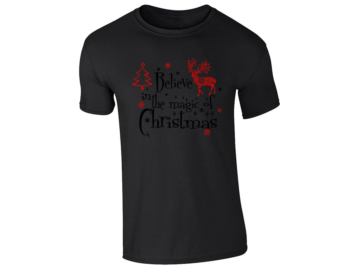 Black men's T-shirt with a red reindeer, a Christmas tree and Believe in the Magic of Christmas