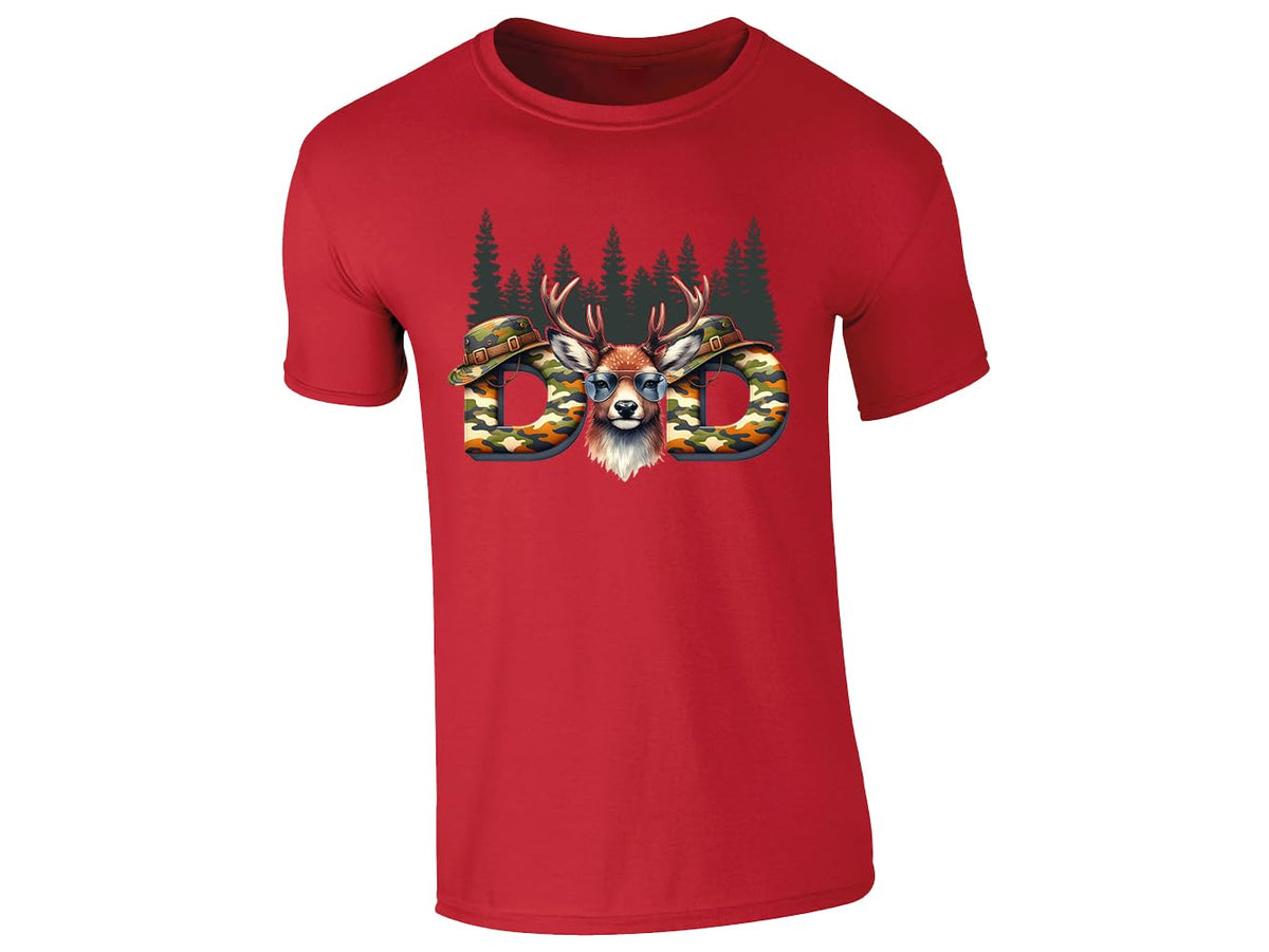 Red men's T-shirt with “DAD” deer head camo design