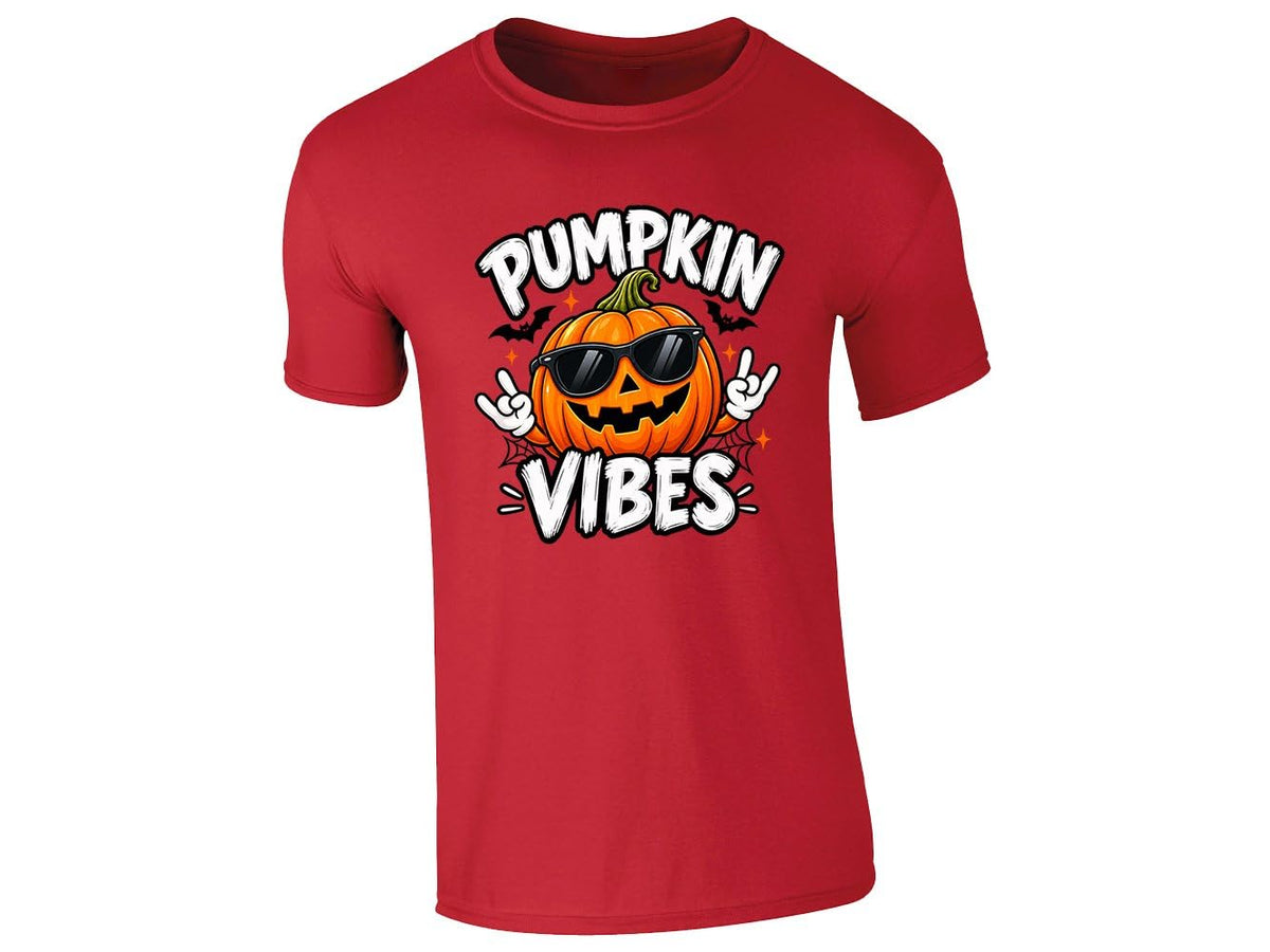 Red men's T-shirt with a Pumpkin Vibes jack-o'-lantern in sunglasses