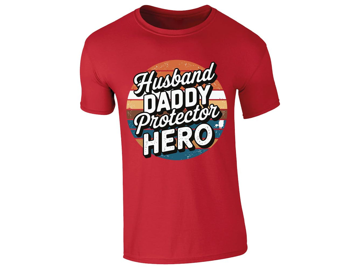 Red men's T-shirt with “Husband, Daddy, Protector, Hero” retro sunset design