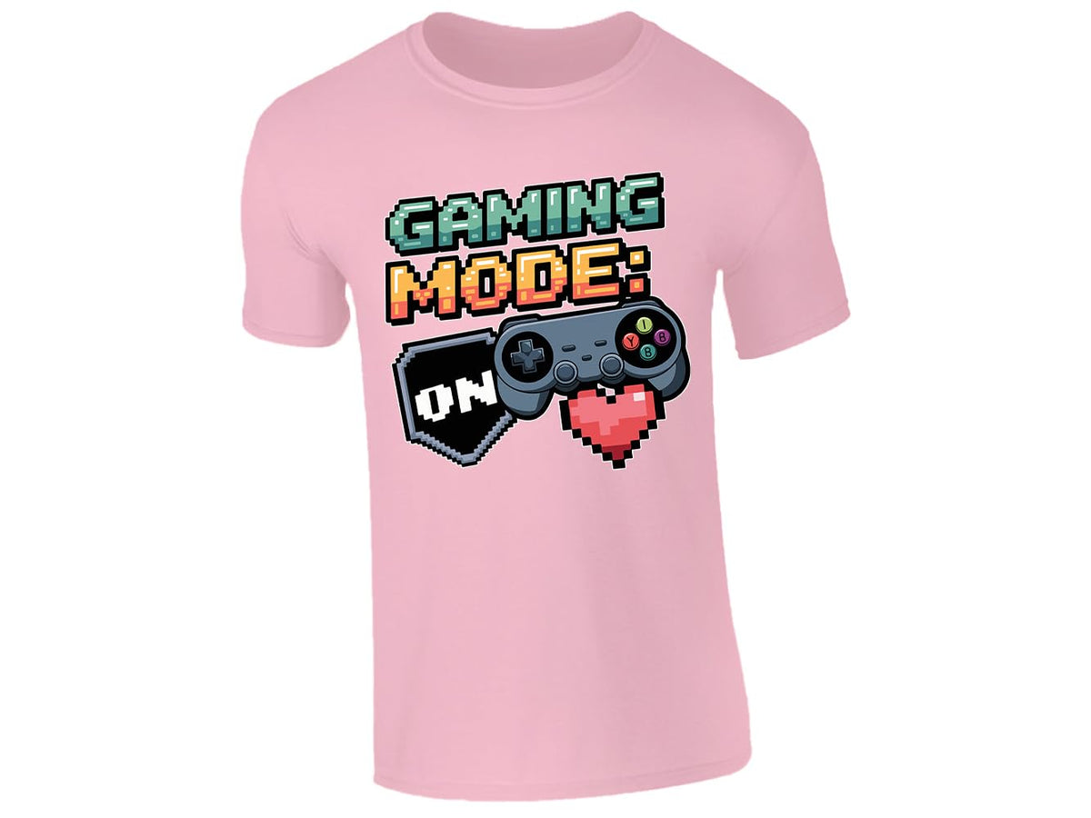 Light Pink kids' T-shirt with “Gaming mode: ON” controller and pixel heart design