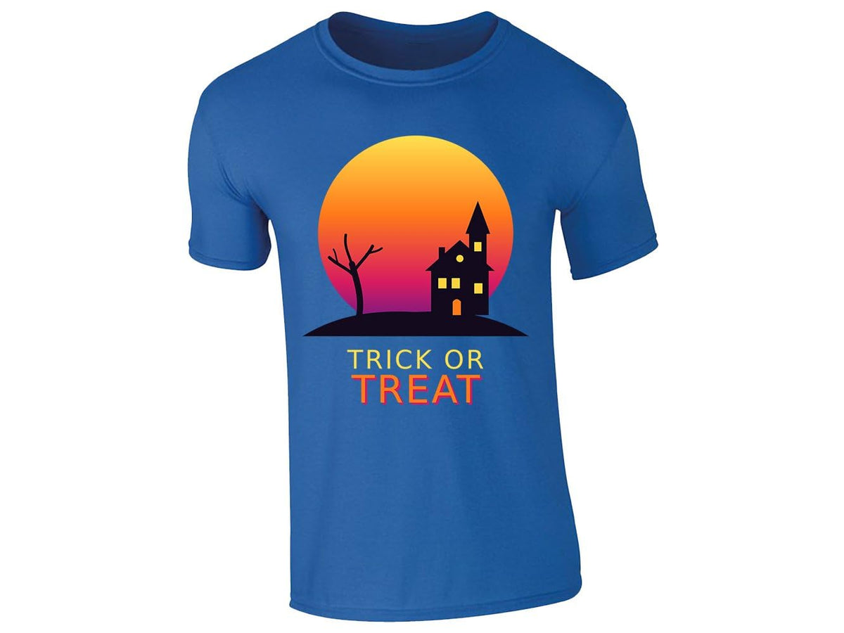 Royal Blue men's T-shirt with “Trick or Treat” haunted house design