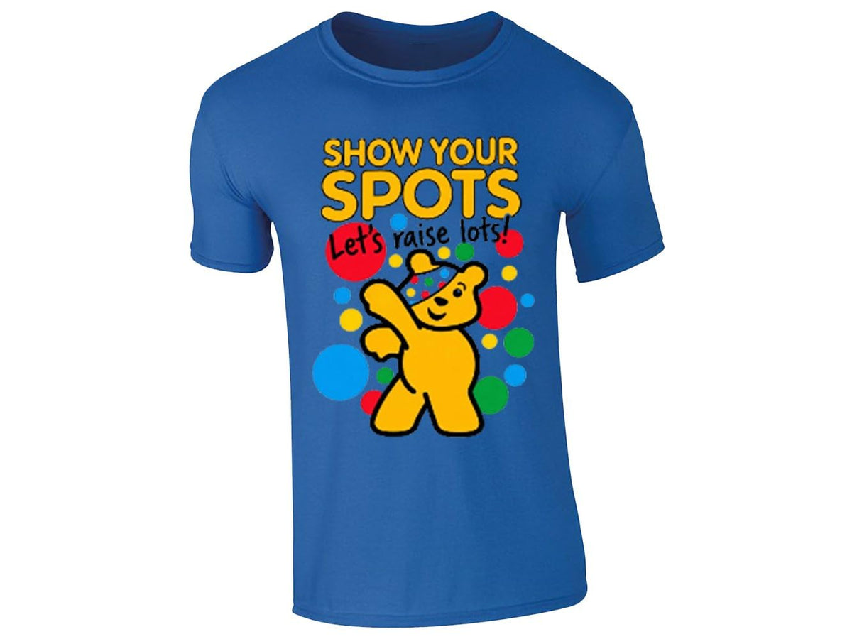 Royal blue kids T-shirt with a dabbing yellow bear and Show Your Spots, Let's Raise Lots