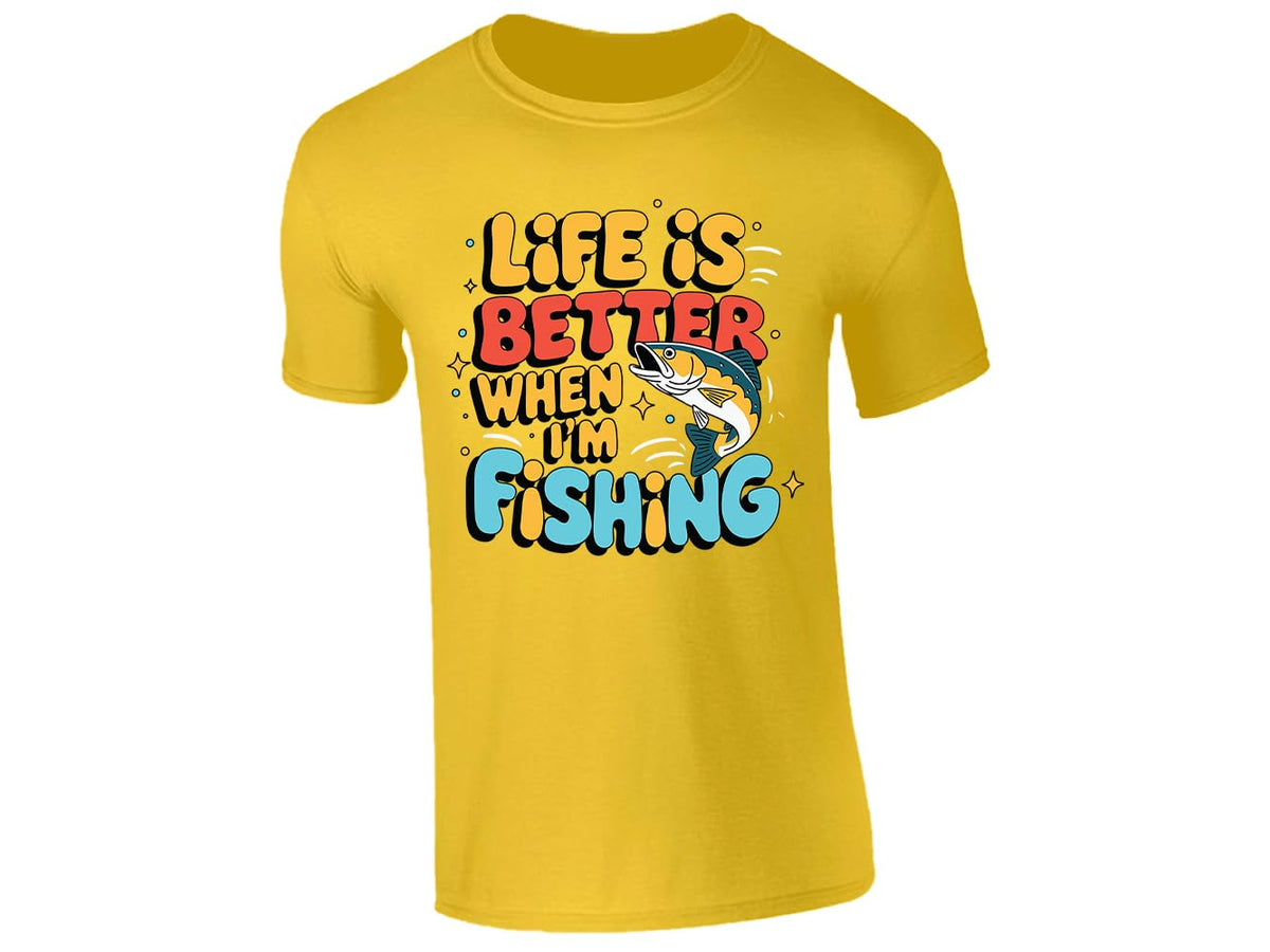 Yellow men's T-shirt with “Life is better when I’m fishing” design
