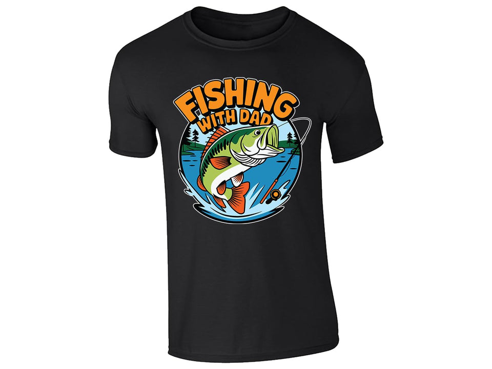 Black men's T-shirt with “Fishing with Dad” bass and lake design