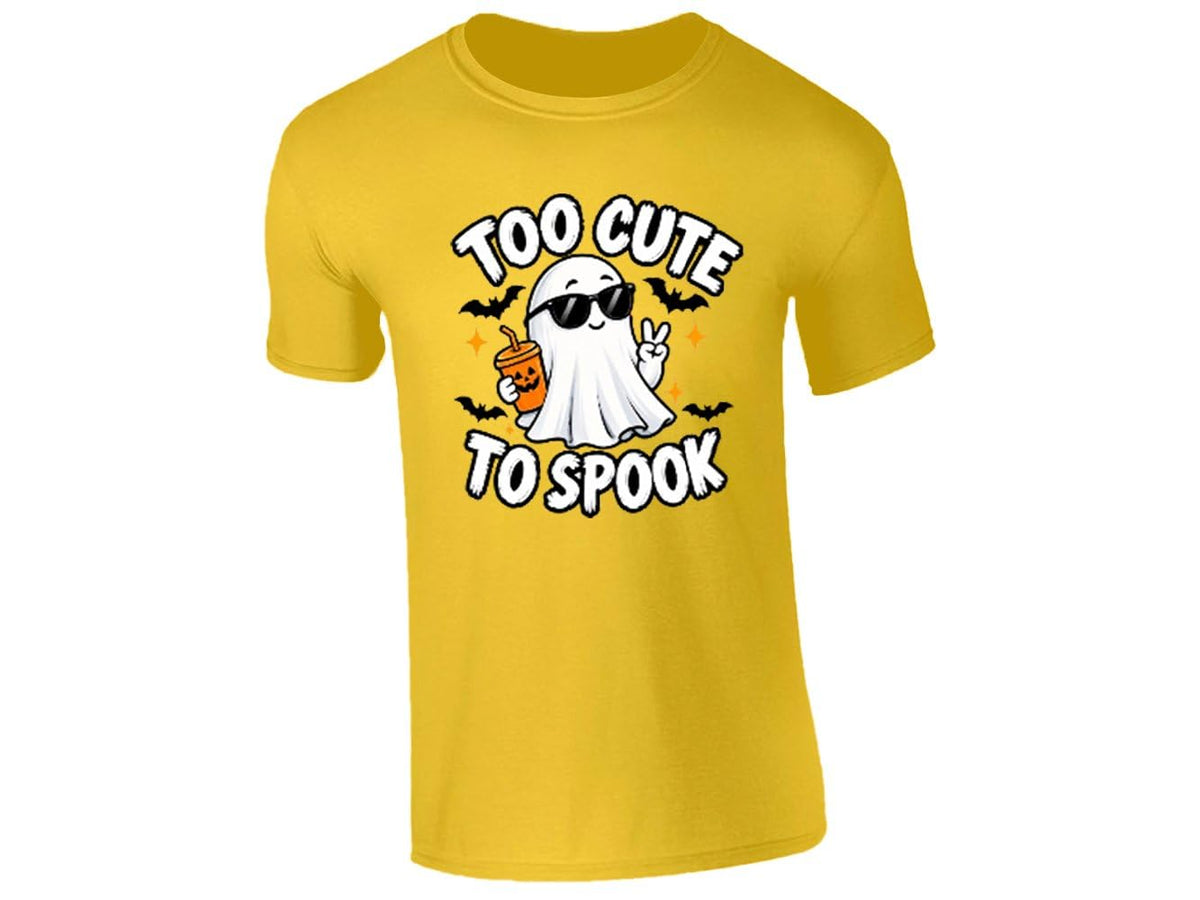 Yellow kids T-shirt with a Too Cute to Spook ghost in sunglasses