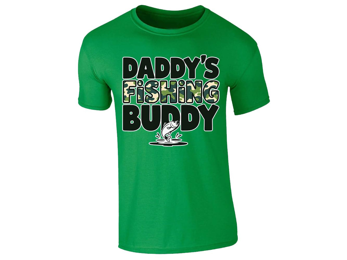 Irish Green men's T-shirt with “Daddy’s fishing buddy” camo design