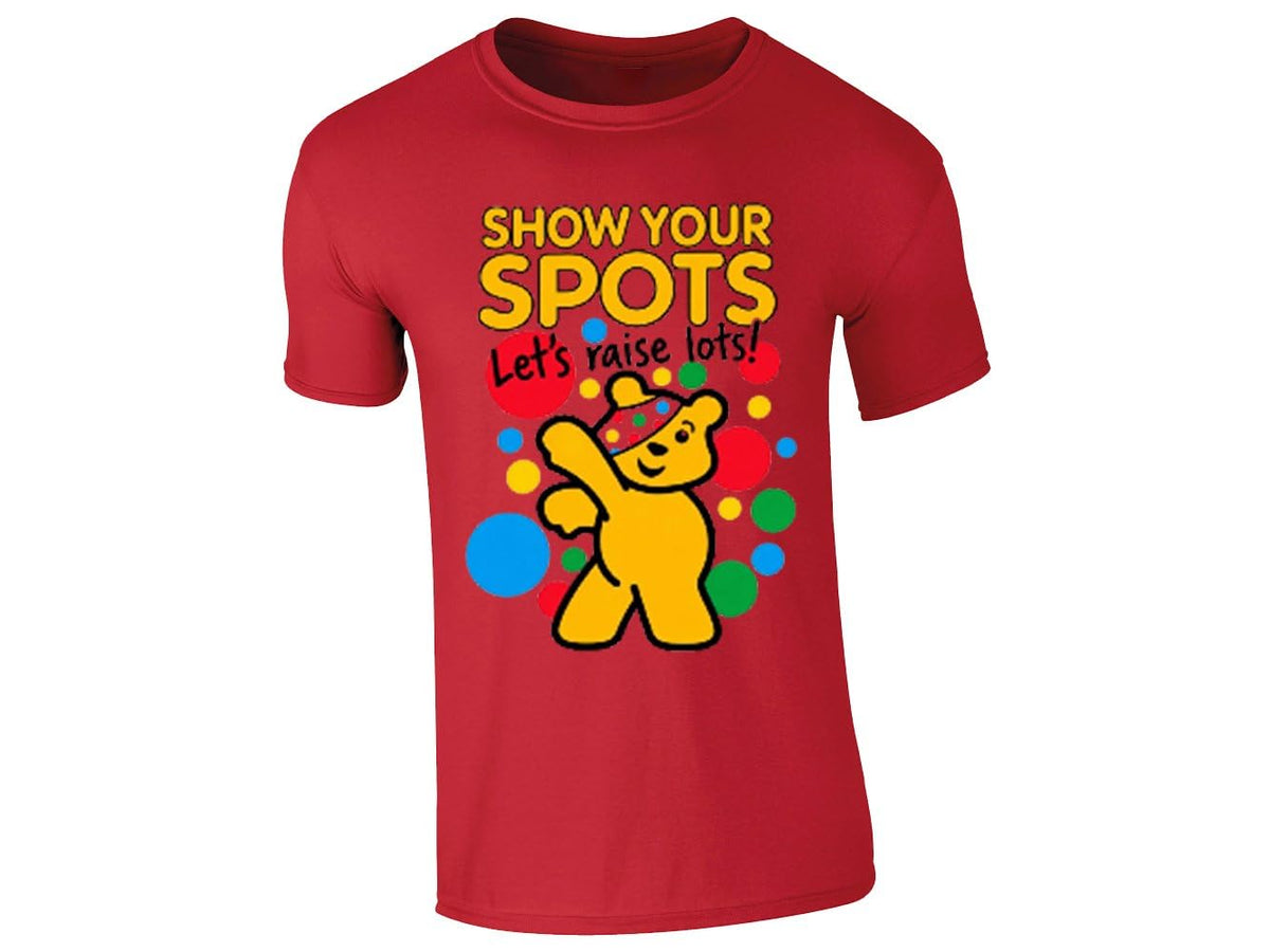 Red kids T-shirt with a dabbing yellow bear and Show Your Spots, Let's Raise Lots
