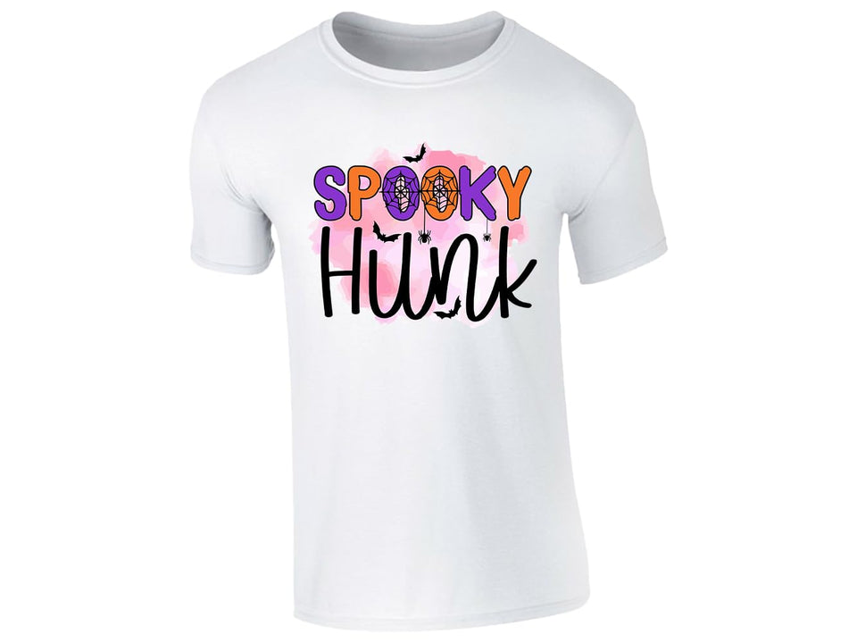 White men's T-shirt with “Spooky Hunk” Halloween design