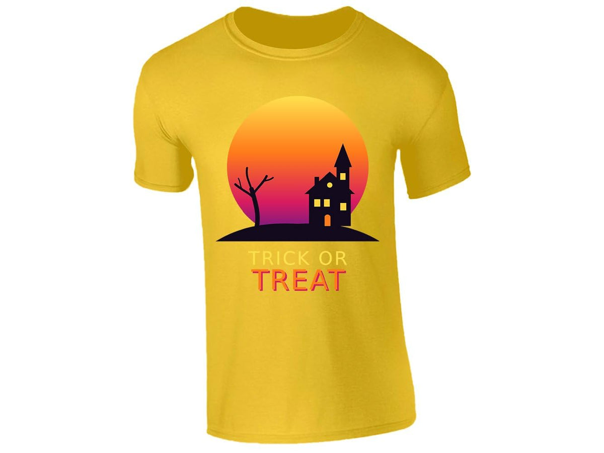 Yellow men's T-shirt with “Trick or Treat” haunted house design