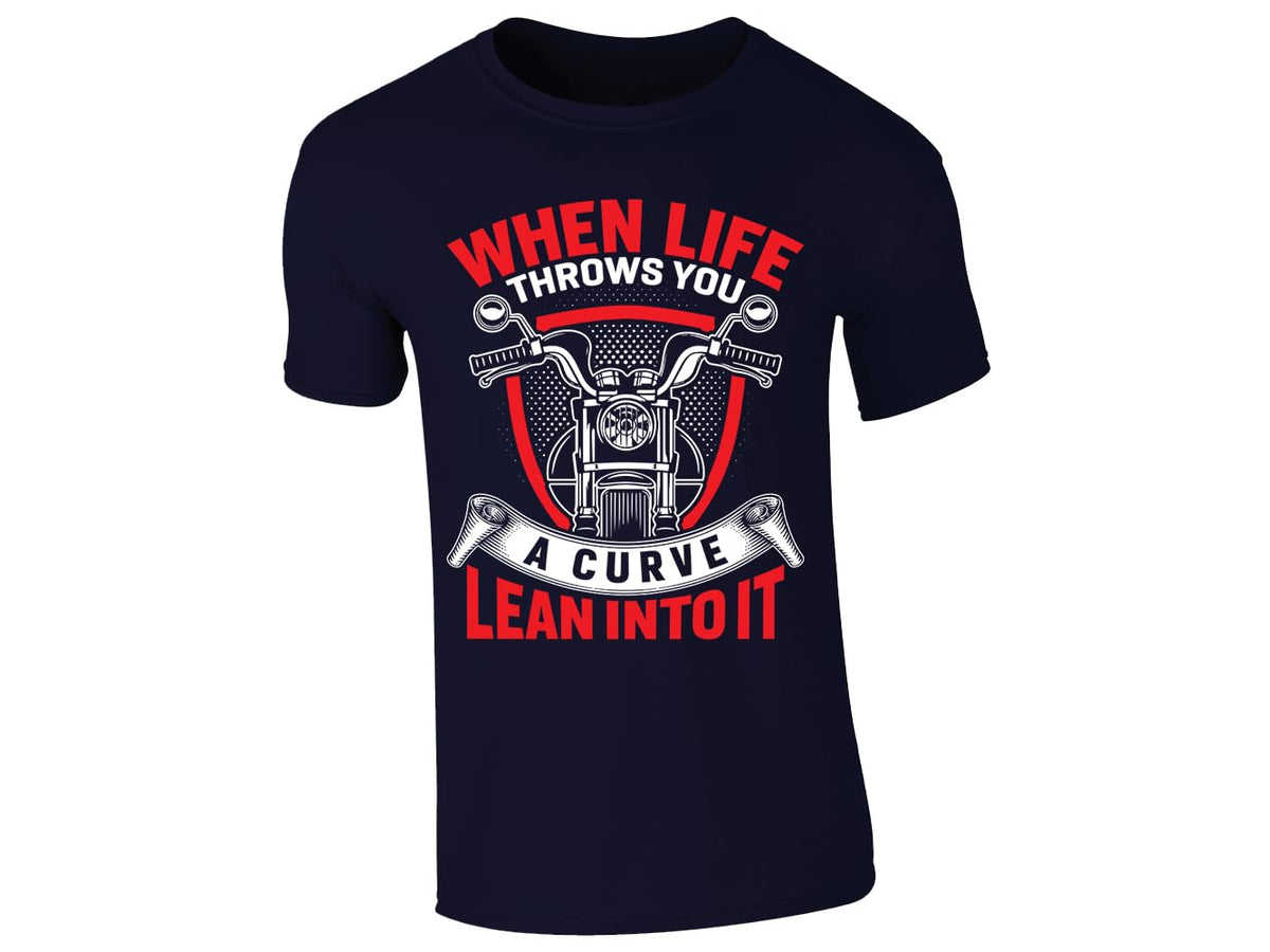 Navy men's T-shirt with “When life throws you a curve, lean into it” motorcycle design