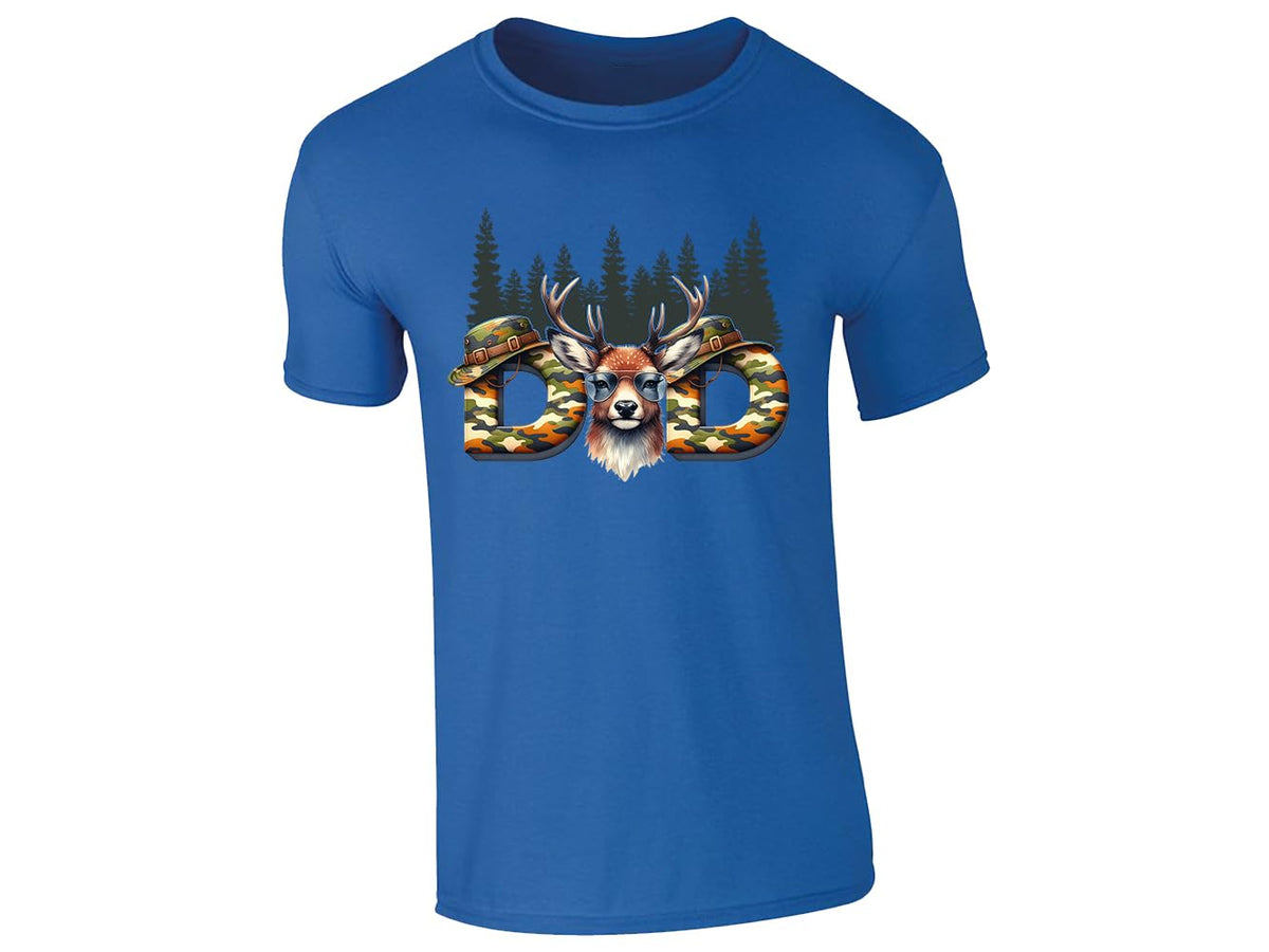 Royal Blue men's T-shirt with “DAD” deer head camo design