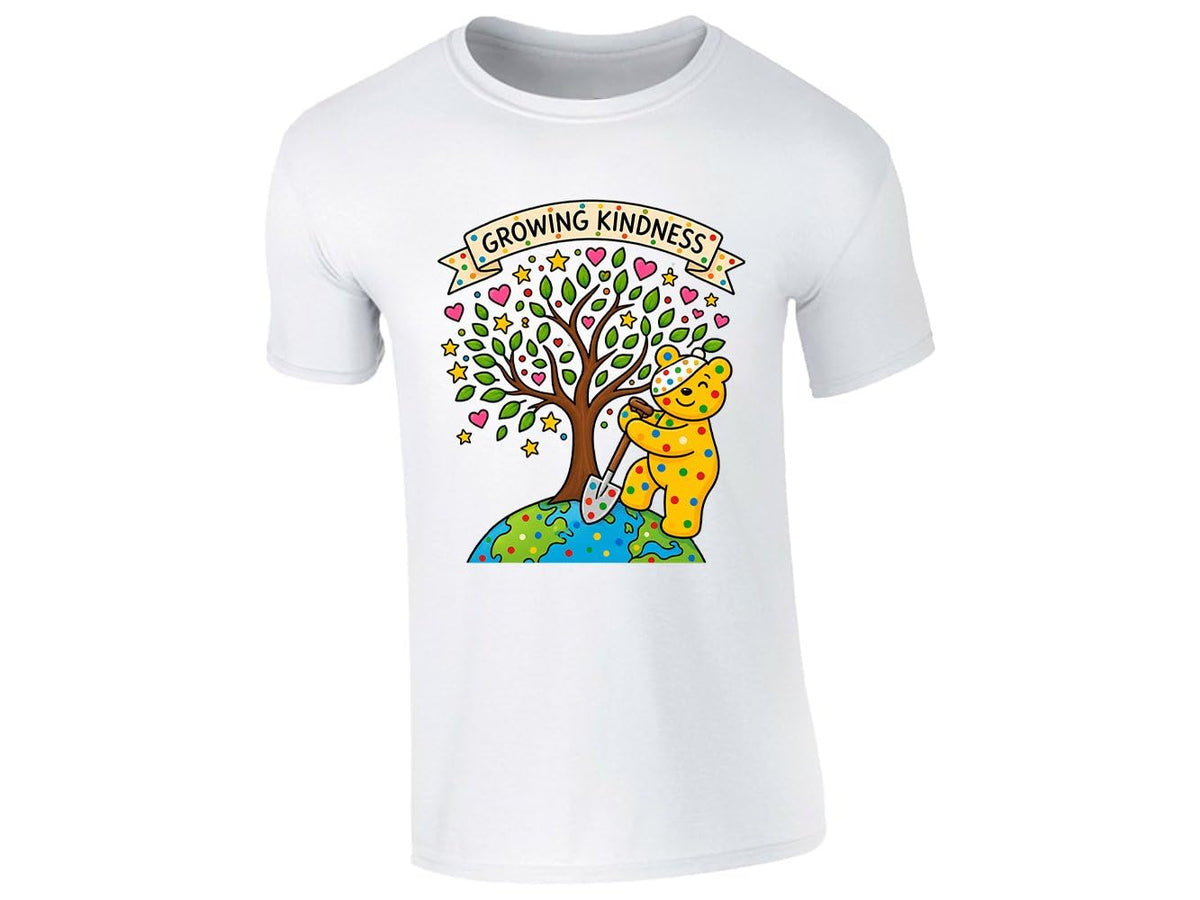 White kids' T-shirt with “Growing Kindness” spotty bear and heart tree design