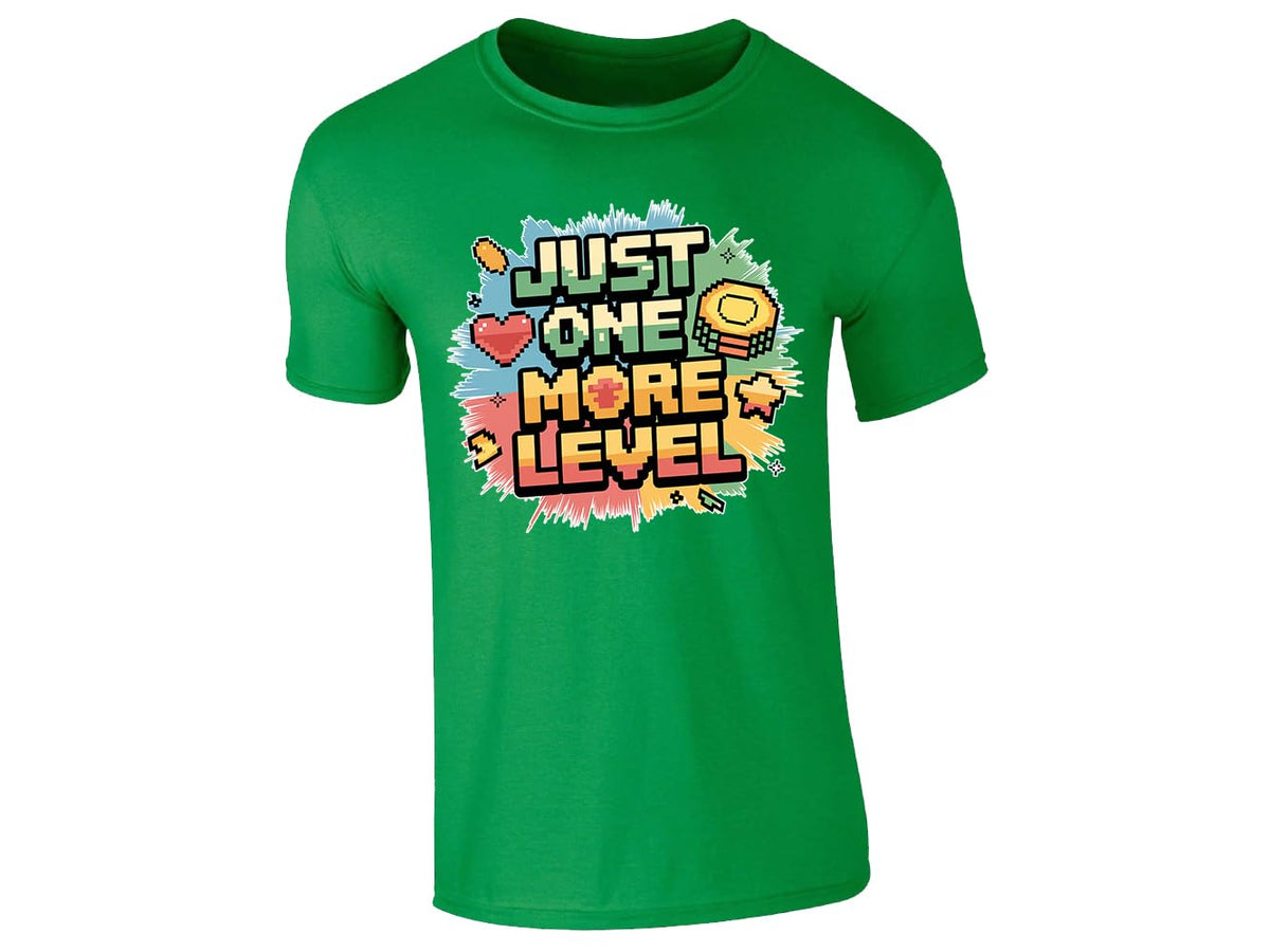 Irish Green kids' T-shirt with “Just one more level” design