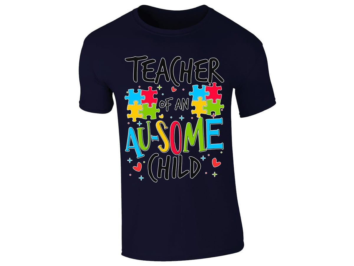 Navy men's T-shirt with “Teacher of an Au-some child” puzzle piece design