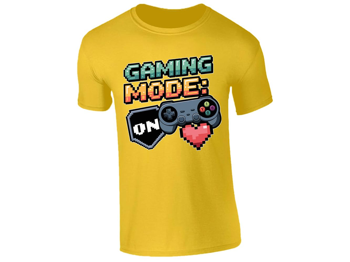 Yellow kids' T-shirt with “Gaming mode: ON” controller and pixel heart design