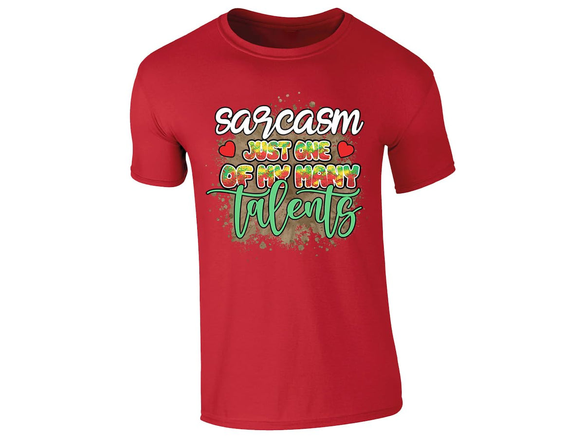 Red men's T-shirt with “Sarcasm – just one of my many talents” design