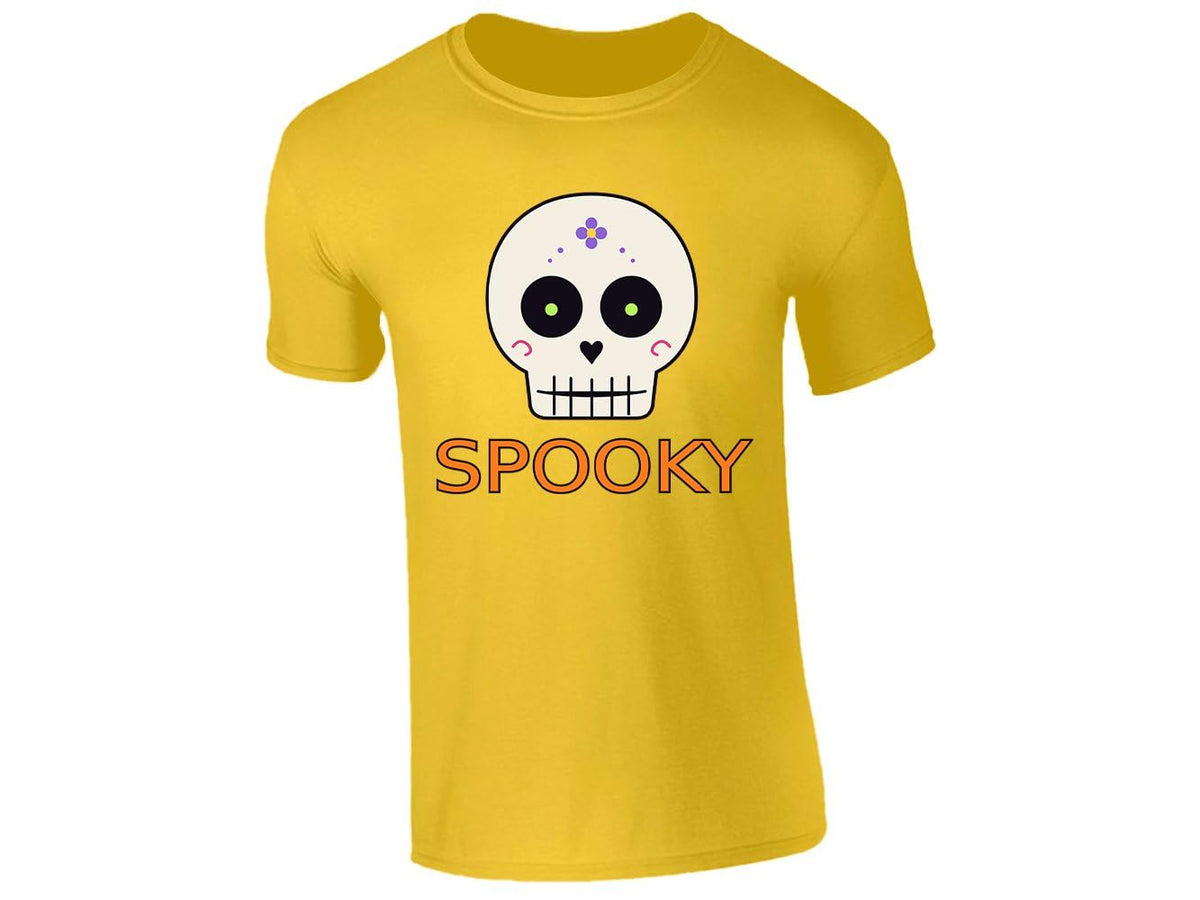 Yellow men's T-shirt with “Spooky” sugar skull design