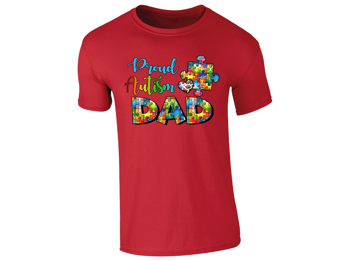 Red men's T-shirt with “Proud Autism Dad” puzzle piece design
