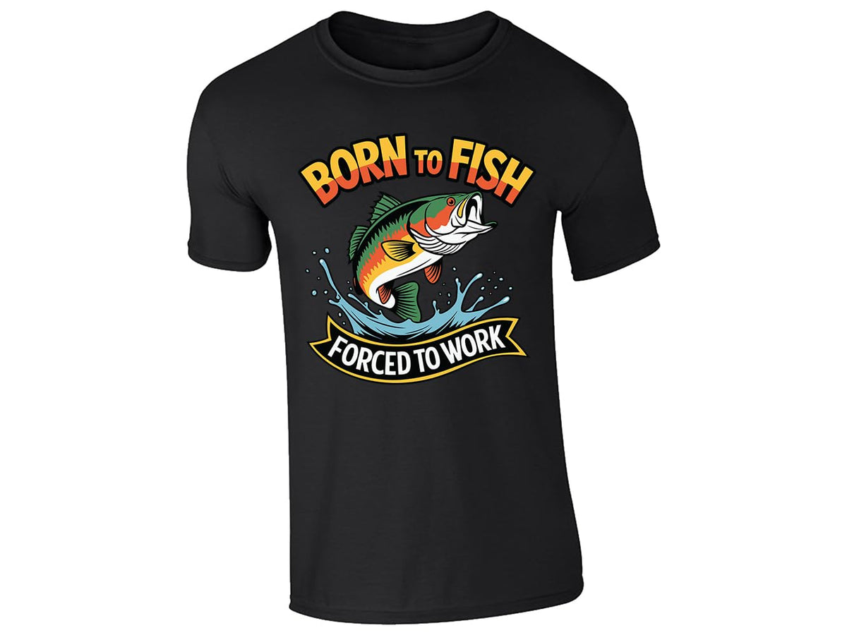Black men's T-shirt with “Born to fish, forced to work” leaping bass design