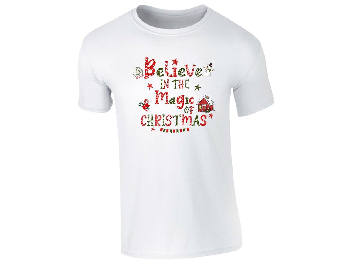 White kids T-shirt with the Believe in the Magic of Christmas snowman design