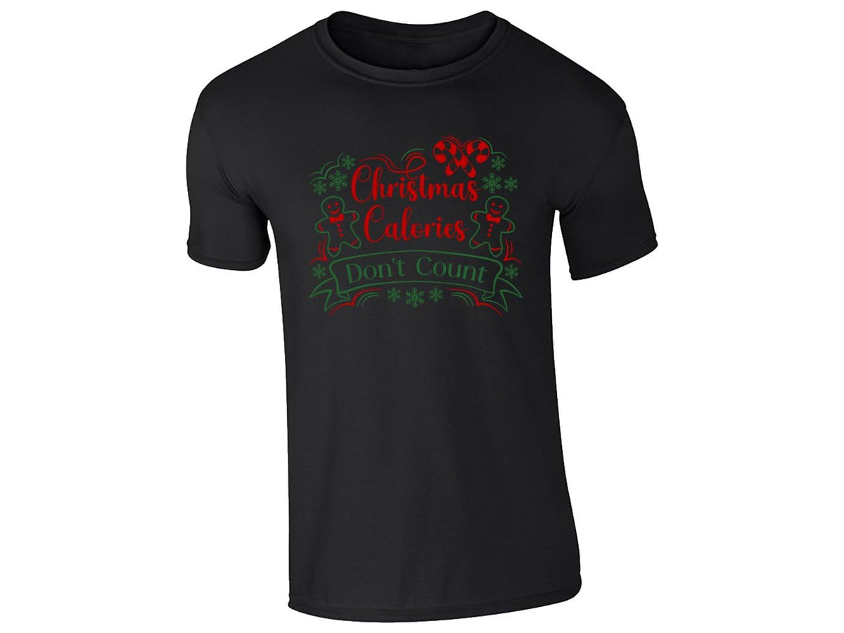 Black kids T-shirt with Christmas Calories Don't Count, gingerbread men and candy canes