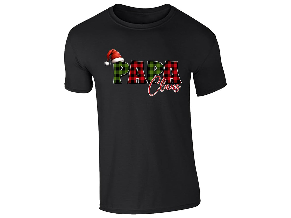 Black men's T-shirt with “Papa Claus” plaid Santa hat design