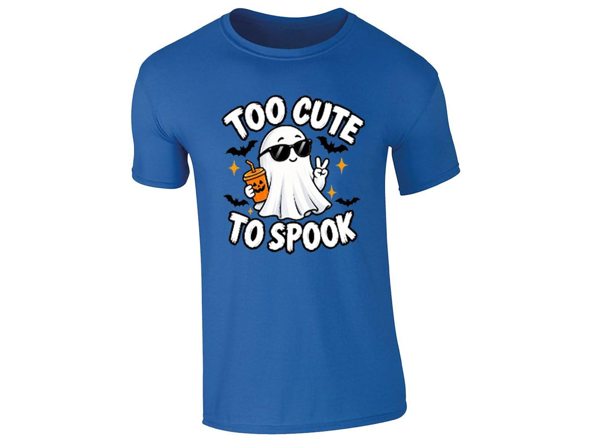 Royal blue men's T-shirt with a Too Cute to Spook ghost in sunglasses