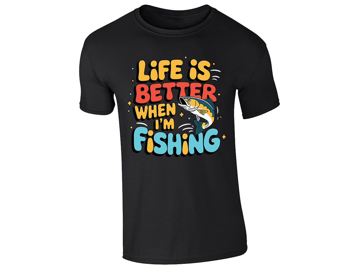 Black men's T-shirt with “Life is better when I’m fishing” design
