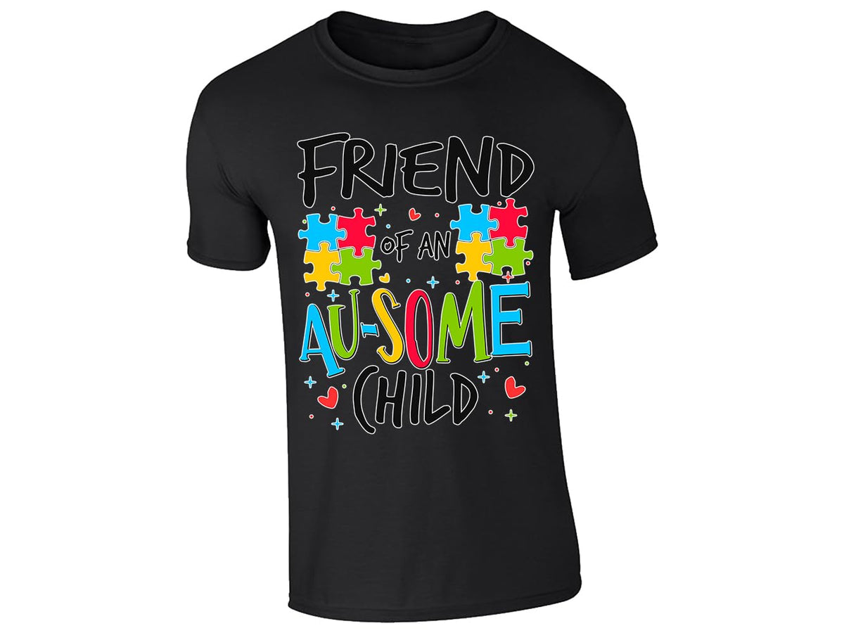 Black men's T-shirt with “Friend of an Au-some child” puzzle piece design