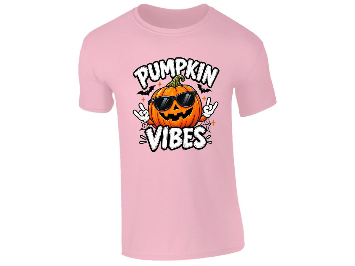 Light pink kids T-shirt with a Pumpkin Vibes jack-o'-lantern in sunglasses