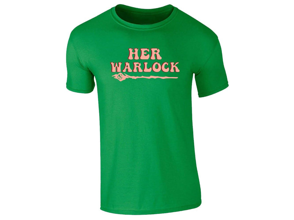 Irish Green men's T-shirt with “Her Warlock” wand design