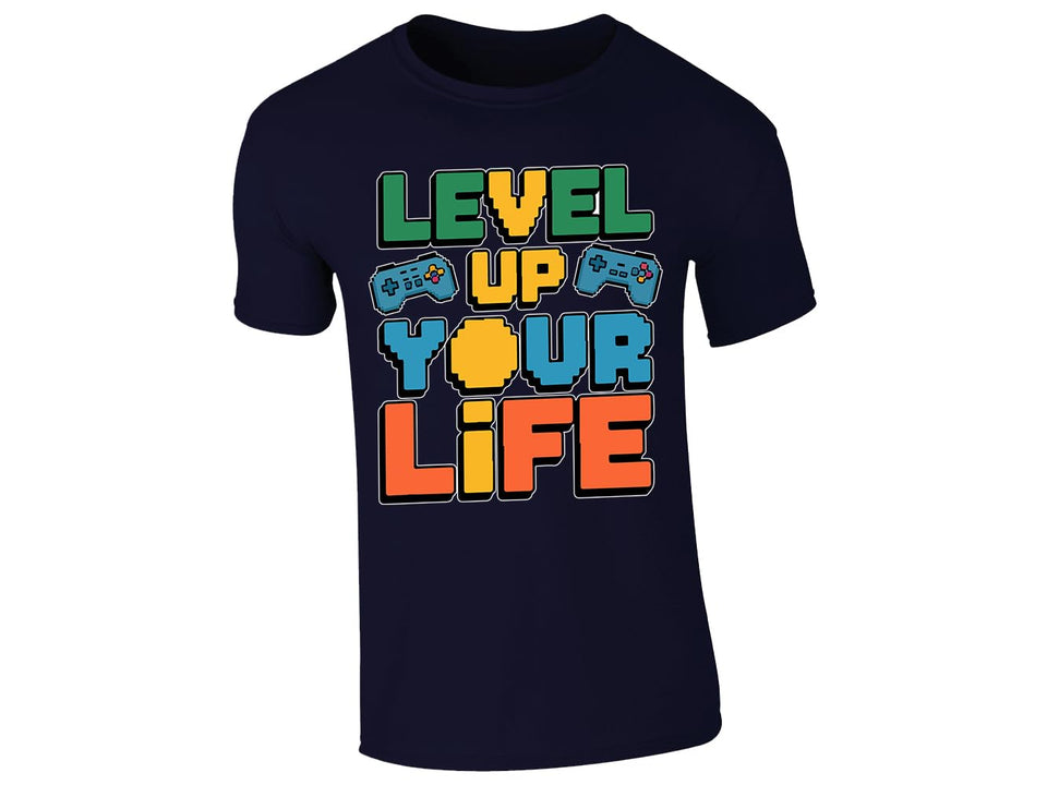 Navy men's T-shirt with “Level up your life” controller design