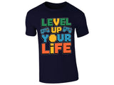 Navy men's T-shirt with “Level up your life” controller design