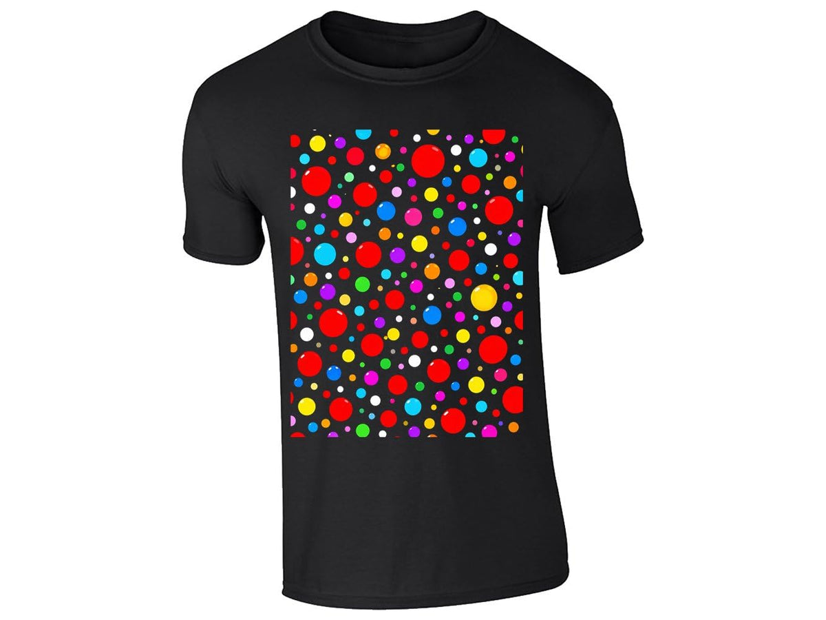 Black kids T-shirt with a block of rainbow polka dots