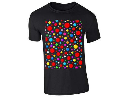 Black men's T-shirt with a block of rainbow polka dots