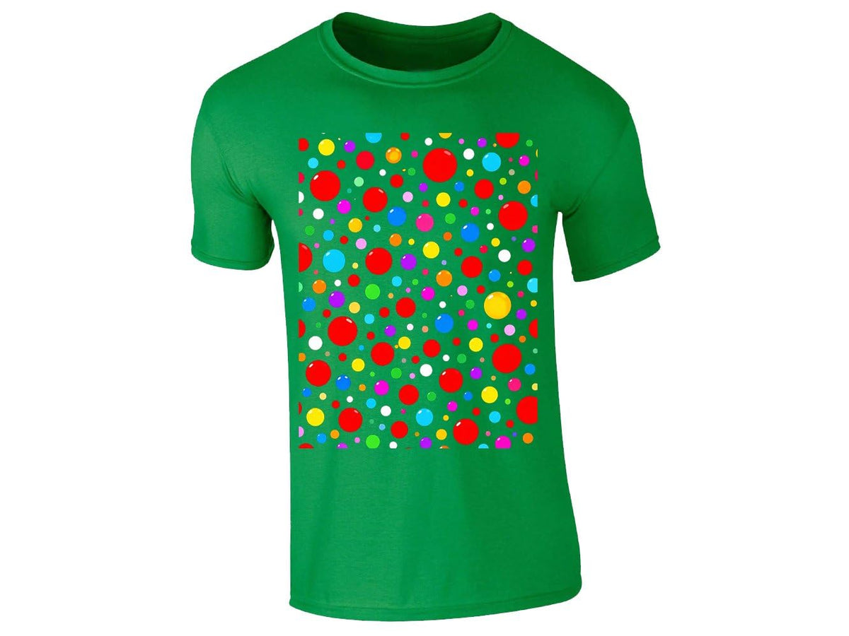 Irish green men's T-shirt with a block of rainbow polka dots