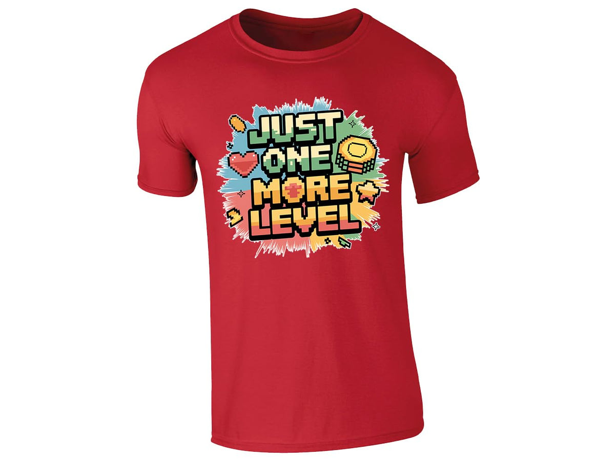 Red kids' T-shirt with “Just one more level” design