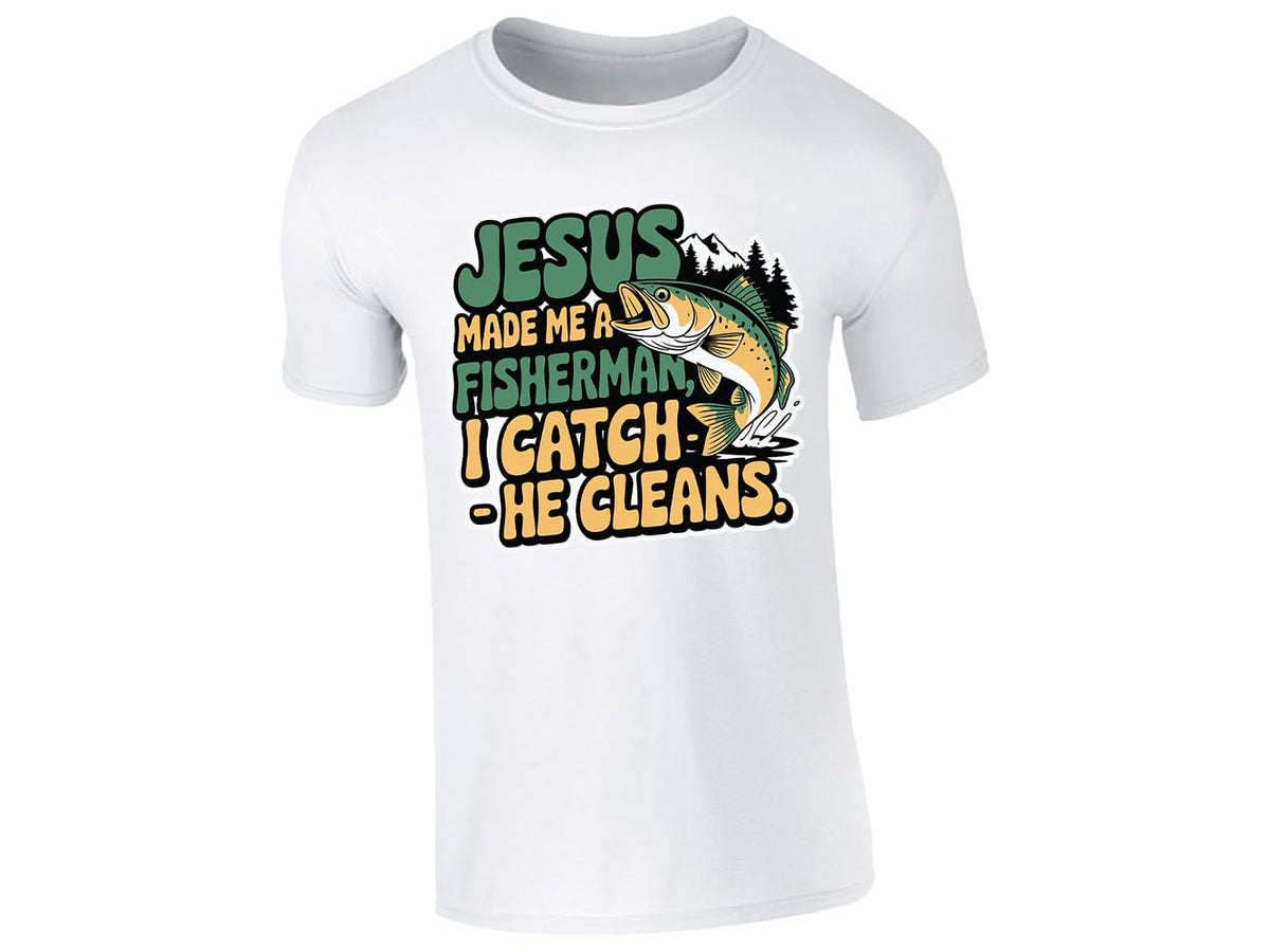 White men's T-shirt with “Jesus made me a fisherman – I catch, He cleans” design