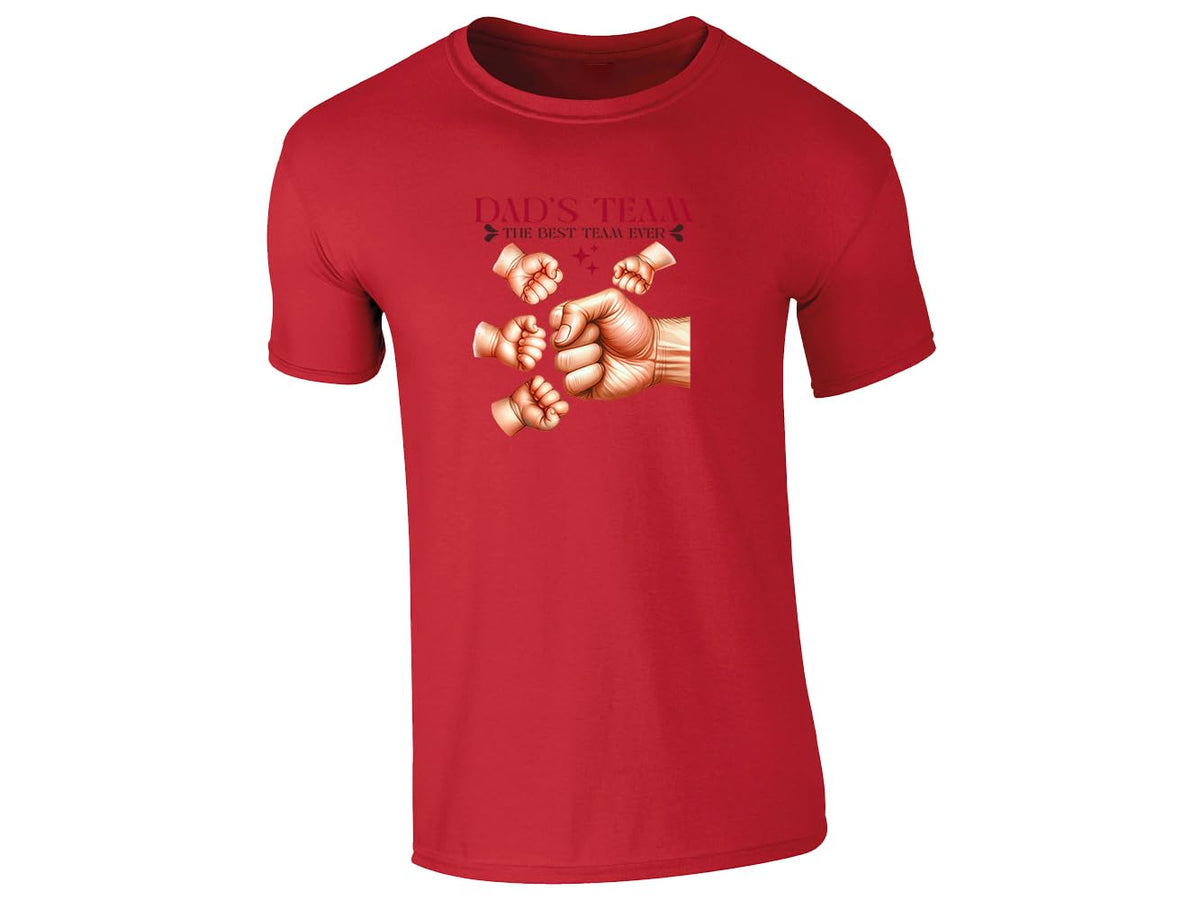 Red men's T-shirt with “Dad’s Team” fist bump design