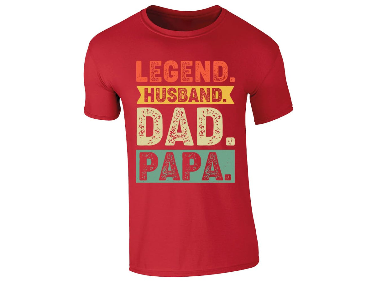 Red men's T-shirt with “Legend. Husband. Dad. Papa.” design