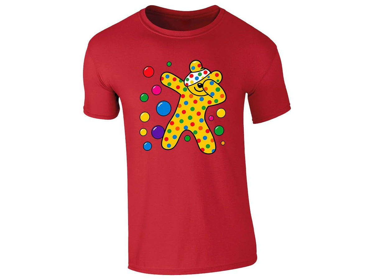 Red kids' T-shirt with dabbing spotty bear with coloured dots design