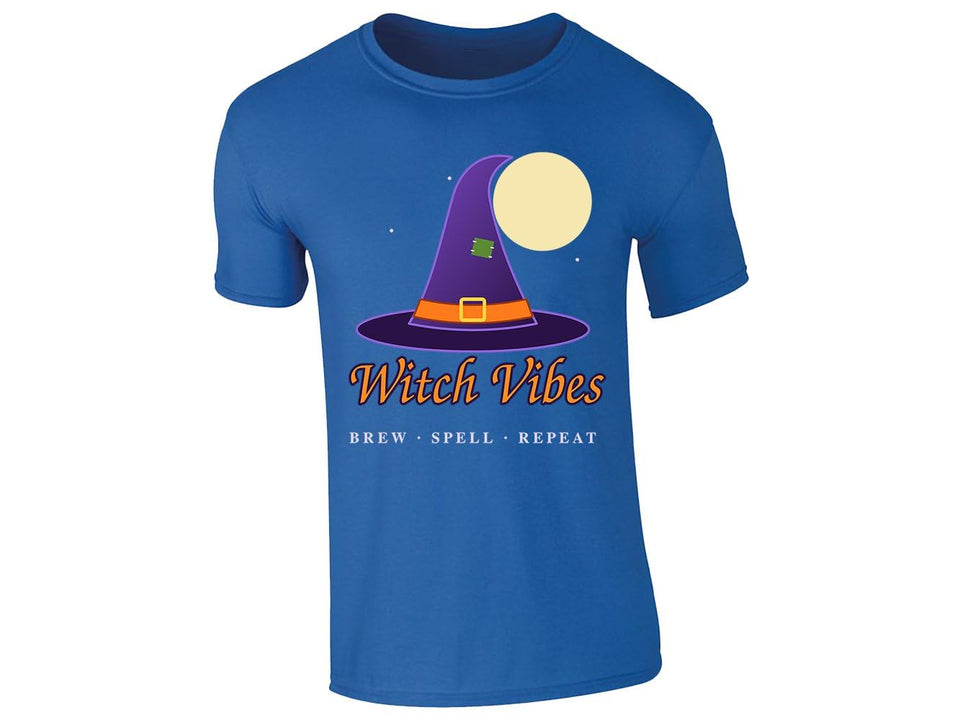 Royal Blue men's T-shirt with “Witch Vibes – Brew, Spell, Repeat” witch hat design
