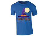 Royal Blue men's T-shirt with “Witch Vibes – Brew, Spell, Repeat” witch hat design